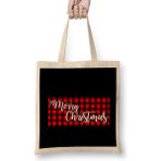 Yılbaşı Yeni Yıl Konseptli Merry Christmas Banner On Buffalo Plaid Bez Çanta Uzun Saplı - Açık Bej - 40 X 40
