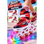 Yıldırım Oyuncak 3in1 LED Işıklı Çocuk Pateni - Ayarlanabilir Numaralı 2+1+1 / 2+2 Dizilim Taşıma Çantalı Lüks Inline Paten - Kırmızı