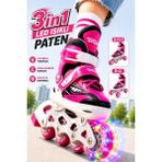 Yıldırım Oyuncak 3in1 LED Işıklı Çocuk Pateni - Ayarlanabilir Numaralı 2+1+1 / 2+2 Dizilim Taşıma Çantalı Lüks Inline Paten - Pembe