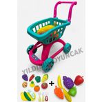 YILDIRIM OYUNCAK Market Arabası 21 Parça File Meyve Sebzeler Ve Kesilen Meyveler 45 cm -Market Arabası 2li Set