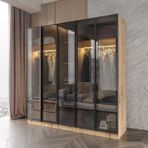 Yıldız Füme Camlı Alimünyum Kapaklı 2 Çekmeceli Giyinme Dolabı Led Askılıklı Tamamı Mdf Safir Meşe