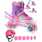Yıldız Gökkuşağı Işıklı Kız Çocuk Pateni Kask ve Dizlik Seti Silikon Teker Ayarlanabilir Taşıma - Pembe - 30-33
