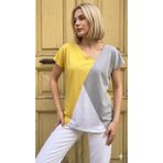 Yıldızistan Pasaklı Giyim Kadın Sarı Gri Beyaz Renk Bloklu Kısa Kollu Salaş Penye T-shirt 700-3207198