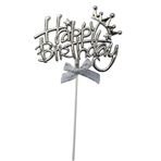 Yıldızlı Gümüş Happy Birthday Fiyonklu Pasta Süsü