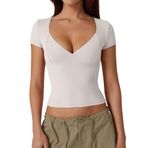 YILEEGOO Kadın Seksi V Yaka Y2K Kısa Kollu Tişört Kadın Crop Tops Gömlek Çift Astarlı Tişört Dikişli Kap Dışarı Çıkma Üst Giyim, Beyaz, S