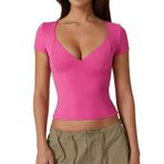 YILEEGOO Kadın Seksi V Yaka Y2K Kısa Kollu Tişört Kadın Crop Tops Gömlek Çift Astarlı Tişört Dikişli Kap Dışarı Çıkma Üst Giyim, pembe kırmızı, M