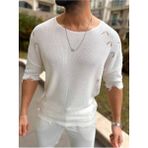 Yırtık Detaylı Tişört Lazer Kesim Tshirt Oversize Salaş Bisiklet Yaka Tişört - Beyaz