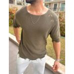 Yırtık Detaylı Tişört Lazer Kesim Tshirt Oversize Salaş Bisiklet Yaka Tişört - Haki