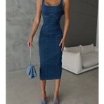 Yırtmaçlı Sırt Fermuarlı Midi Mavi Denim Elbise Kot Elbise Denim Dress