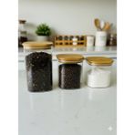 Yiwu Bambu Kapaklı Vakumlu Çizgili Kare Kavanoz 3`lü 700ML 900ML 1100ML - Bej