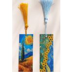 YLDZ Van Gogh Sarı Buğday Tarlası - Badem Ağacı Ayçiçekler Baskılı Sert İkili Püsküllü Ayraç