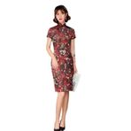 YLfly Çiçekli Saten Qipao Cheongsam Çin Geleneksel Kısa Kollu Elbise Kadınlar için, kırmızı, L