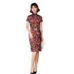 YLfly Çiçekli Saten Qipao Cheongsam Çin Geleneksel Kısa Kollu Elbise Kadınlar için, kırmızı, M