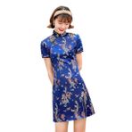 YLfly Kadın Bayan Phoenix Desenli Kısa Kollu Qipao Elbise Cheongsam Gelinlik, mavi, M