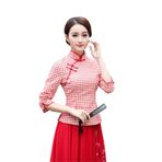 YLfly Mandarin Yaka Çin Tang Gömlek Ekose Ekose Qipao Üst 3/4 Kollu Geleneksel Bluz Kadın, kırmızı, 14