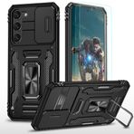 YmhxcY Samsung Galaxy S23 için kılıf, *2 ekran koruyucu folyo, slayt kamera kapağı, askeri sınıf koruyucu kılıf, 360° döndürülebilir metal stant, Samsung Galaxy S23 için kılıf siyah
