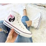 Ymn ayakkabı Kuromi Ve My Melody Ying Yang Baskılı, Beyaz Bilekli Spor Ayakkabı Çocuk Sneaker