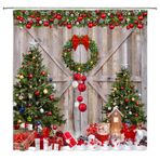 YNFUQANLN Rustik Noel Duş Perdesi Kış Mutlu Noeller Ağacı Top Ahşap Ahır Kapısı Çiftlik Evi Ülke Vintage 177,8 cm G x 180 Y Kumaş Banyo Dekor Perde Kancalı