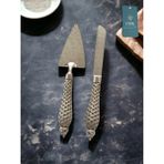 YNSK Luxury | Embroıdery | 2'li Lüks Pasta Bıçak ve Spatula Seti - Gümüş