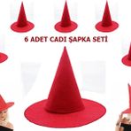 YNT İthalat Kırmızı Renk Keçe Cadı Şapkası Yetişkin Çocuk Uyumlu 6 Adet SM-SMR-1KEÇE