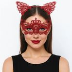 YNT İthalat SM-E153-E240-2 Lüks Kırmızı Dantel Taçlı Maske Seti 2 No - Parti, Balo, Kostüm Aksesuarı