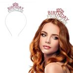 YNT İthalat SM-SMR-E117 Kristal Taşlı Pembe Birthday Princess Yazılı Parti Tacı 19X11 Cm