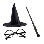 YNT İthalat SM-SMR035-011-0639 Harry Potter Siyah Şapkası Harry Potter Gözlüğü Harry Potter Asası 3 Lü Set