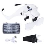 YOCTOSUN 4 LED ışıklı büyüteç, 5 çıkarılabilir lensli, 1X, 1,5X, 2X, 2,5X 3,5X - Şarj edilebilir eller serbest ışıklı kafa büyüteç cam, el sanatları, çapraz dikiş, hobi için