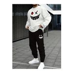 Yoho Sport - Eşofman Takımı Gülen yüz baskılı Unisex kışlık Kalın pamuklu Sweatshirt ve Eşofman altı 2' li set Beyaz L