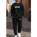 Yoho Sport - Eşofman Takımı NASA baskılı Unisex kışlık Kalın pamuklu Sweatshirt ve Eşofman altı 2' li set Siyah M