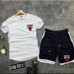 Yoho Sport Yeni Sezon Trend Bulls Baskılı Slim Fit Oval Kesim Tshirt- Polyester Interlok Kumaş Şort 2'li - Beyaz