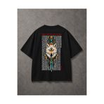 YOLO STREET Etnik Kurt Baskılı Siyah Oversize Erkek Tişört – Sırt Baskı %100 Pamuk Vintage Streetwear