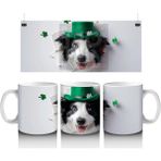 Yoncalarla Süslenmiş St. Patrick’s Temalı Border Collie - Baskılı Kahve Kupası - Renkli