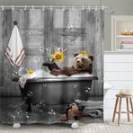 Yookeb Ayı Komik Banyo Duş Perdesi 160 W x 171 cm Çiftlik Evi Ahşap Ahşap Vintage Rustik Çiftlik Evi Kabin Hayvan Polyester Kumaş 12 Plastik Kanca Su Geçirmez Dekor