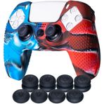 YoRHa Studded Silicone Cover Skin Case for PS5 Dualsense Controller x 1(Camou Red&Blue) with Pro Thumb Grips x 8
