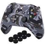 YoRHa Water Transfer Printing Camouflage Silicone Cover Skin Case for Microsoft Xbox One X & Xbox One S Controller x 1(Snow) with PRO Thumb Grips x 8