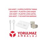 yorulmaz ambalaj 100 Adet Kullan At Toplu Yemek Seti 5 Gözlü Köpük Tabak, Çatal, Kaşık, Karton Bardak