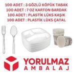 Yorulmaz Ambalaj 100 Kişilik Kullan At Toplu Yemek Seti 3 Gözlü Köpük Tabak, Çatal, Kaşık, Karton Bardak