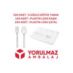 yorulmaz ambalaj 100 Kişilik Kullan At Toplu Yemek Seti 5 Gözlü Köpük Tabak, Çatal, Kaşık
