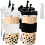 Youeon 4'lü Paket 24 oz Kapaklı ve Pipetli Yeniden Kullanılabilir Boba Kupası, Buzlu Kahve Fincanları Cam Smoothie Bardakları, Silikon Kılıflı Kabarcık Çay Bardakları Mason Kavanoz Bardakları, BPA