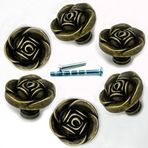 YOUYOUULU 6 adet antik bronz çekmece gül düğmeleri, sağlam, ağır vintage çiçek, komodin topuzu, orta yüzyıl, retro metal dolap dekoru, bronz renkli trenler (pembe)