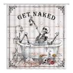 YOZSLGU Komik İskelet Kafatası Duş Perdesi Get Naked Küvet Gotik Ürkütücü Cadılar Bayramı Retro Ahşap Tahta Kumaş Banyo Dekor Kancalı Perdeler, 177 cm x 177 cm