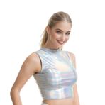 Yphzmtz Kadın PU deri üst giyim, parlak metalik dik yaka, kolsuz ürün, balıkçı yaka kazak, Rave dans tişörtleri, Clubwear gümüş, Gümüş., M