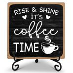 YQV Farmhouse Coffee Bar Tabelası, Rise & Shine It's Coffee Time, 10,16 cm x 10,16 cm Ahşap Plaket, Standlı Ev Mutfak Masa Üstü Dekor -B09