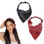 Yreamont Boho üçgen bandana kafa bandı elastik saç bantları kadınlar için bohem saç fular eşarp Boho geniş kaymaz saç bantları kadınlar için esnek egzersiz Yoga spor kafa bandı siyah kırmızı Boho saç bantları