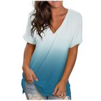 YRxUIAI Gradyan Mavi Light Blue Yuvarlak Yaka Kısa Kollu Dökümlü Kadın T-shirt