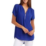 YRxUIAI Kadın Üstleri Büyük Beden Fermuarlı V Yaka Tişört Düz Renk Tunik Gevşek Rahat İnce Kısa Kollu Bluz Üst S-5XL, 01-mavi, 5XL