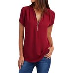 YRxUIAI Kadın Üstleri Büyük Beden Fermuarlı V Yaka Tişört Düz Renk Tunik Gevşek Rahat İnce Kısa Kollu Bluz Üst S-5XL, 01-şarap, 5XL