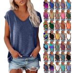 YRxUIAI Kadın V Yaka Kap Kollu Tişört Düz Renk/Baskılı/Kolsuz Tunik Üstler Bayanlar Düz Günlük Bol Kesim Bluzlar Yaz İş Ofis Günlük Temel Tişört Moda Moda Gömlek, A8-beyaz, M