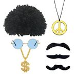 YSDYY 7 hippi aksesuarları, afro peruk, yuvarlak altın çerçeve, gözlük, bıyık, barış kolye ve dolar kolye, 70'lerin hippi vintage giyim aksesuarları.